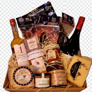 Licor gallego, melocotón en almíbar, vino tinto, pimiento cherry rellenos de queso queso de oveja con ajo negro, queso de ovejas semicurado, paté de Cabrales, chorizo de jabalí, morcilla de  ciervo, chorizo de gamo picante, jamón 50% ibérico mermelada y miel